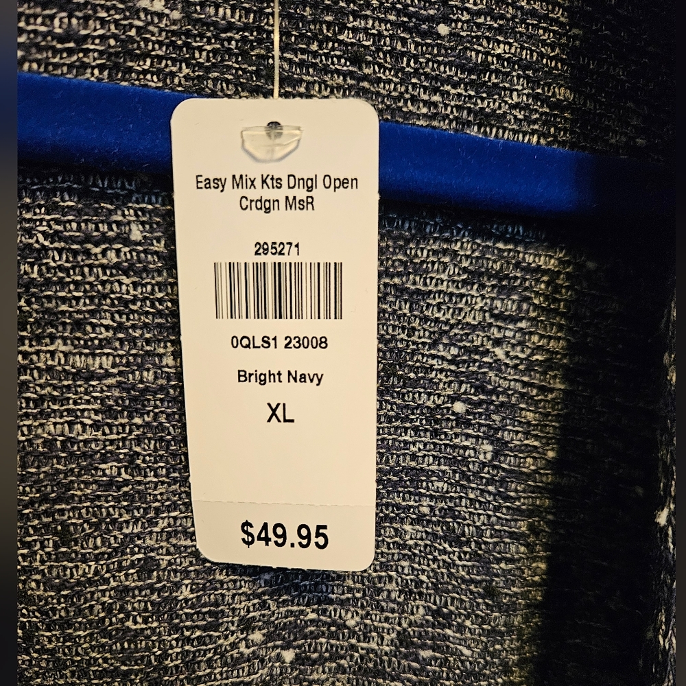 #032 LL BEAN- Easy Knit Open Front Bright Navy Blue/White Cardigan-sz. XL - Picture 2 of 7